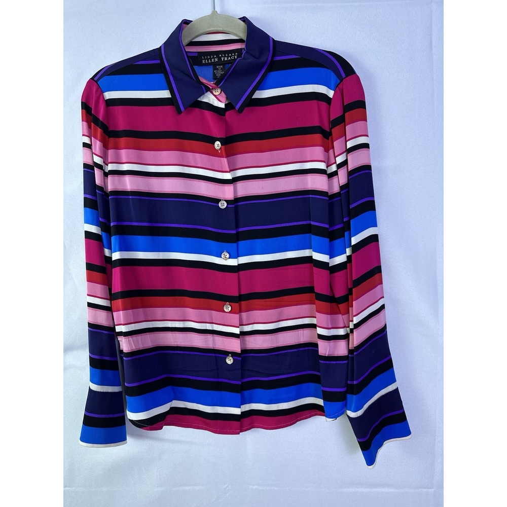 Linda Allard Ellen Tracy Silk Striped Blouse Multicolor Women's Sz 12 Petite VTG